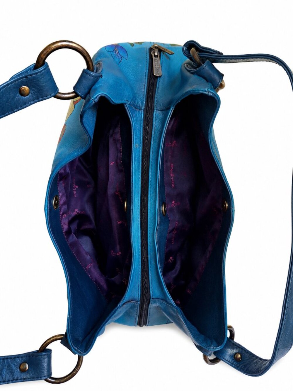 Anuschka Artsy Hand Painted Leather Hobo Floral Butterfly Blue Purse + Pouch - Picture 7 of 10